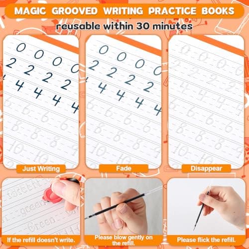 gisgfim 8 Pack Magic Grooved Writing Practice Books for Kids Reusable Magical Handwriting Workbooks with Disappearing Ink Pens Letter,Numbers,Math Tracing Copybook for Kindergarten Preschool Age 3-8 - Thumbnail 4