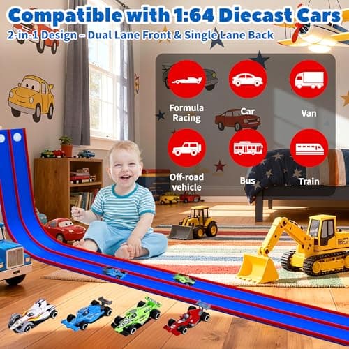 FUTESI Flexible Race Car Track for Kids 15 Ft Flex Tracks Starter Set Compatible with Diecast 1/64th Cars Portable Rolls Up Race Tracks with Strong Suction Cups Birthday Gifts for Boys Girls Ages 3+ - Thumbnail 2