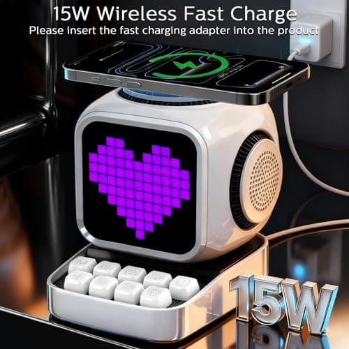 Smart Bluetooth Speaker with Wireless Charger: Tiffhome Digital Alarm Clocks for Bedrooms - 15W Fast Wireless Charging Station with 3 Modes - Portable Speaker Gifts for Men Women - Thumbnail 2