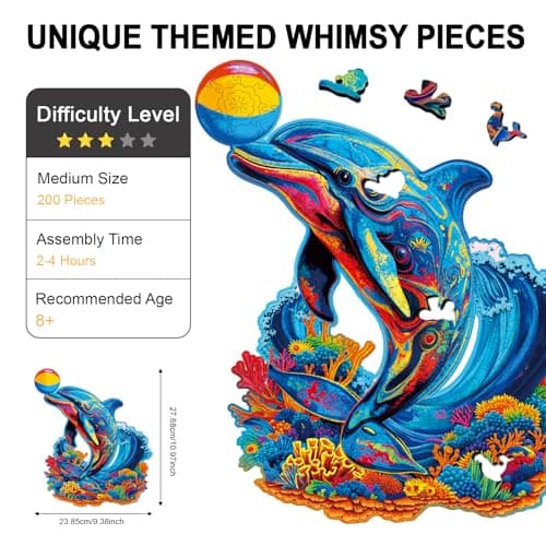 Hopelucr Wooden Puzzles for Adults and Kids, Playful Dolphin Wooden Jigsaw Puzzle 200 Pieces, Unique Shaped Wooden Puzzles, Birthday Gift for Family Game Night Home Decor 11 * 9.4in - Thumbnail 2