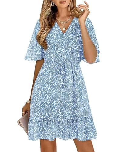 KIRUNDO Womens Summer Dresses 2026 Casual Spring Short Sleeve V Neck Ruffle Floral Print High Waist Belted Flowy Mini Dress(Medium, Light Blue) - Image 1