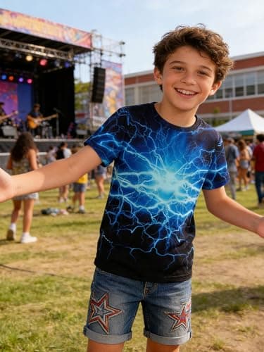 Funnycokid Boys Shirts Size 12 14 Neon Blue Girls Youth T-Shirts Lightning Clothes Tops Tees Graphic Short Sleeve Birthday Cool 13-14 Years - Thumbnail 4