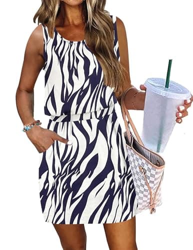 AUSELILY Women Summer Dress 2025 Casual Sleeveless Sundress Crew Neck Beach Short Dresses with Pockets, Navy Blue Leaves XL - Image 1