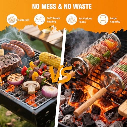 Rolling Grill Basket,7-Piece BBQ Set,Stainless Steel Grilling Basket with Lid and Removable Wooden Handle, BBQ Grill Accessories for Vegetables, Shrimp, Meat ,Outdoor Cooking Perfect Gifts for Men Dad Husband - Thumbnail 5