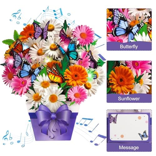APOTODITO Butterfly Cards with Music and Light, Flower Bouquet Card, Mothers Day Cards, Mothers Day Gifts for Mom, Women, Wife, Sister (daisy and butterfly) - Thumbnail 3