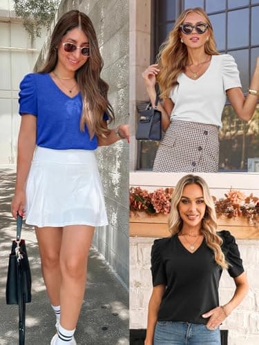 ATHMILE Womens Short Sleeve Tops V Neck Puff Summer Shirts School Teacher Outfits Spring Fall Tunic Fashion Trendy 2026 - Thumbnail 4