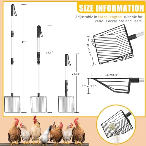 Chicken Poop Scooper & Rake, 3 in 1 Chicken Coop Scoop 23" to 42" Adjustable, Durable Metal Sifting Litter Shovel, Chicken Coop Accessories for Chickens Coop, Small Farm Animals, Cat Litter - Thumbnail 5