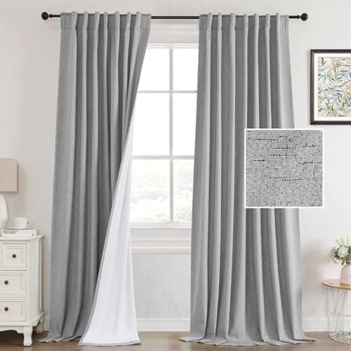PrinceDeco 100% Blackout Linen Curtains for Living Room, Back Tab and Rod Pocket Farmhouse Bedroom Curtains Drapes 84 inch Length 2 Panels Set with Thermal Insulated White Liner, W52 x L84 Dove Grey