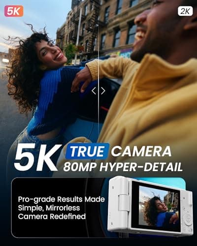 True 5K Digital Camera for Photography, Autofocus 80MP with 18X Digital Zoom 3" 270° Flip Screen Dual-Lens Selfie Camera for YouTube Vlogging & Content Creation, 2 Batteries, 32GB Card & Flash,White - Thumbnail 2