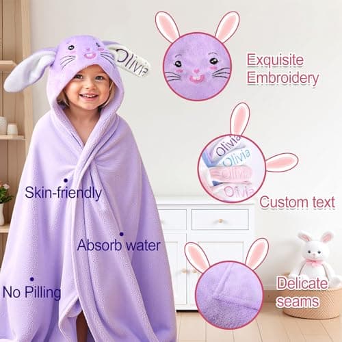 Individz Custom Hooded Bath Towel with Name, Personalized Highly Absorbent Bunny Towels, Baby Bath Towels for Girls Boys, Easter Brithday Shower Gifts for Baby, Toddler, Newborn (Purple) - Thumbnail 3