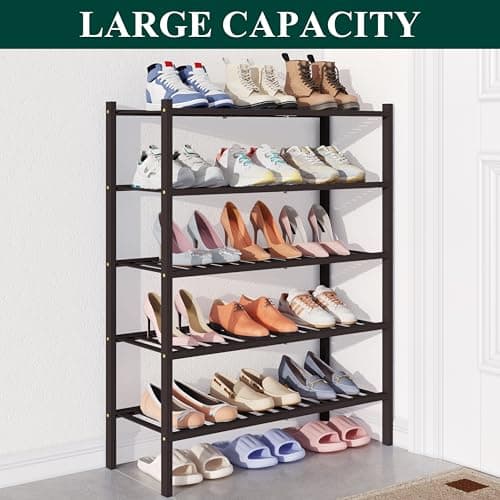 Smiry Bamboo Shoe Rack for Closet, 5 Tier Wooden Stackable Shoe Organizer, Free Standing Shoes Storage Shelf for Entryway, Front Door Entrance, Brown - Thumbnail 5