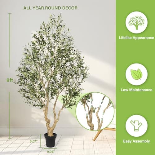 FEELEAD Faux Olive Tree 8ft, Tall Olive Trees Artificial Indoor with Natural Looking Trunk and Lifelike Fruits, Large Fake Olive Tree for Modern Home Office Decor - Thumbnail 3