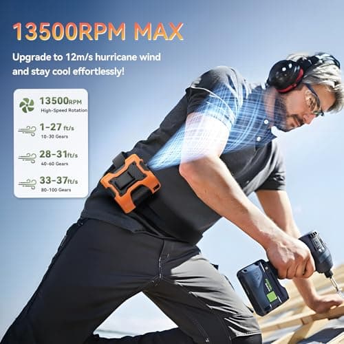 Portable Waist Fan Clip on with Light, 12M/S Quiet & Powerful Silencer Motor, 100 Speeds Wearable Belt Personal Shirt Fan, Digital Display, Upto 24H Cooling Time, Ideal Gift for Outdoor Workers - Thumbnail 2