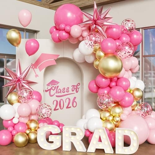 Pink Gold White Balloon Arch Kit Graduation Decorations 2026, 130Pcs Pink Gold Balloons and Foil Star Balloon with Confetti Ribbons Grad Party Decorations for College High School Class of 2026 - Image 1
