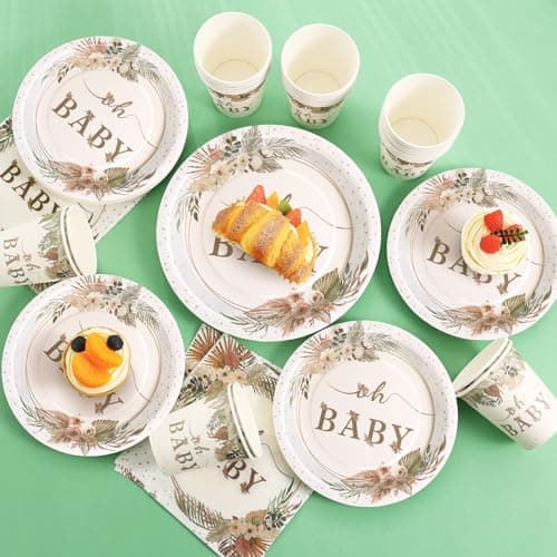Gudvilla 350 Pcs Boho Baby Shower Decorations for Girl, Baby Shower Plates and Cups and Napkins Sets, Oh Baby Plates for Western Sweet Baby Girl, Summer Fall Gender Neutral, Serves 50 - Thumbnail 6