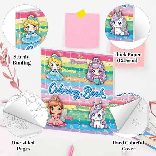 Kalysky 2Pcs Coloring Book for Girls, Cute Princess Unicorn Mermaid Coloring Books for Kids Ages 4-8, Easy Coloring Pages with Magical Themes for Birthday Christmas Gift - Thumbnail 3