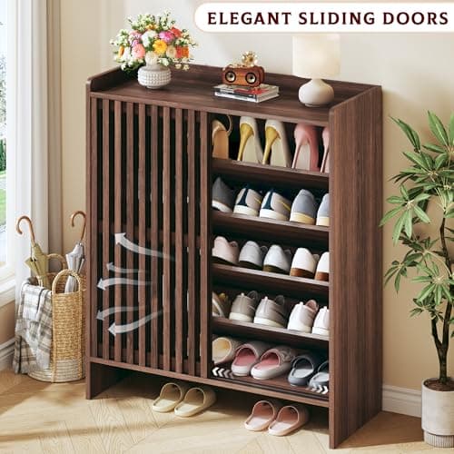 HUAHUU Shoe Cabinet with Sliding Slatted Doors, 5-Tier Shoe Storage Cabinet with Adjustable Shelf, Modern Wooden Shoe Organizer Cabinet for Entryway, Hallway, Living Room, Walnut - Thumbnail 3