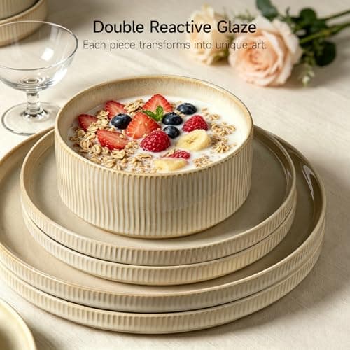 ALOFMO Stoneware Dinnerware Sets, Plates and Bowls Sets for 4, 12-Piece Ribbed Dishes – Chip & Scratch Resistant, Microwave and Dishwasher Safe Tableware, Beige - Thumbnail 6