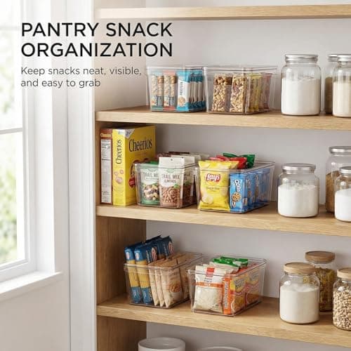 MOONEDGE Small Clear Plastic Storage Bins with Lids and Handles – Stackable Clear Organizer Bins for Refrigerator, Kitchen, Pantry, Bathroom, Closet, Laundry Room, Office – 4 Pack (10×6×5 in) - Thumbnail 3