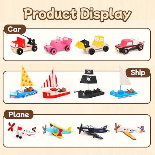 Wooden Build Paint Art Crafts Kit 3 Pack, Make Your Own Car Boat & Plane DIY Craft Toys for Kids Boys, STEM Educational Toy Set for Kids Ages 4-8, 8-12 - Thumbnail 5