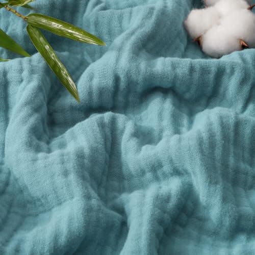 PHF Cooling Muslin Blanket Queen Size, Lightweight Gauze Blanket for Adults, 60% Rayon Derived from Bamboo & 40% Cotton for Summer, 4-Layer Soft Breathable for Hot Sleepers, 90"x90", Teal Blue - Image 1