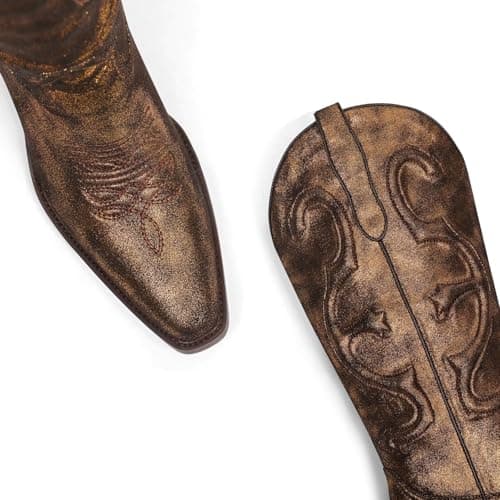 GPXGPX Cowboy Boots Embroidered Cowgirl Boots Women Mid Calf, Pointed Toe Chunky Block Heel Pull On Western Boots Brown 8 - Thumbnail 5
