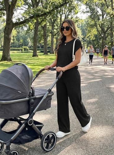BLENCOT Maternity Clothes Ribbed Knit Lounge Set Short Sleeve Top and Long Pants Maternity Sleepwear Pajamas Sets Two Piece Matching Outfits Set Black 2XL - Thumbnail 5