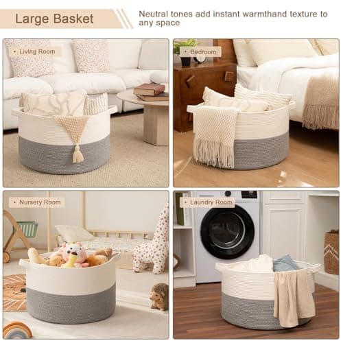 OIAHOMY 90L XXXLarge Blanket Basket for Living Room, 21.7" x 13.8" Woven Cotton Rope Laundry Basket for Organizing Pillows, Decorative Stuffed Animal Toy Storage for Nursery, White and Light Grey - Thumbnail 5