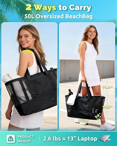OnWander Large Mesh Beach Tote Bag, 50L Pool Bags with 2 Inner Zipper Waterproof Pockets for Swim Toys Towels Travel - Thumbnail 2