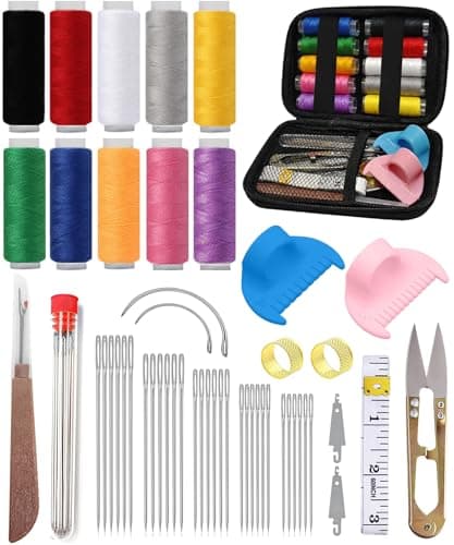 48Pcs Sewing Tool Set with 2 Edge Stitch Lock & Sewing Gauge, Big Eye Steel Sewing Needle Kit with Portable Zipper Case, Threader and Needle Repair Kit Stainless Steel Needles for Hand Sewing - Image 1