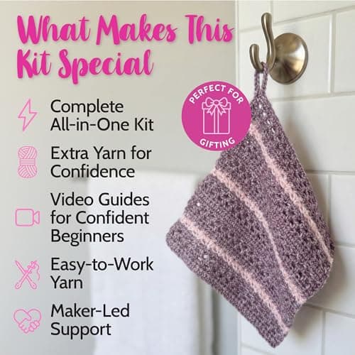 KnitPal Everyday Joy Crochet Kit for Confident Beginners – Make 4 Reusable 7.5 x 7.5 in Dishcloths – with Cotton to The Core Yarn (#3 DK), Hook, Patterns & Video Tutorials (Plum Purple + Blush Pink) - Thumbnail 2