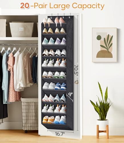 KIMBORA 10 Tier Over the Door Shoe Organizer with Large Pockets, Hanging Shoe Rack for Closet Door Storage, Fits 20 Pairs of Sneakers Boots Hanger Holder, Black - Thumbnail 2