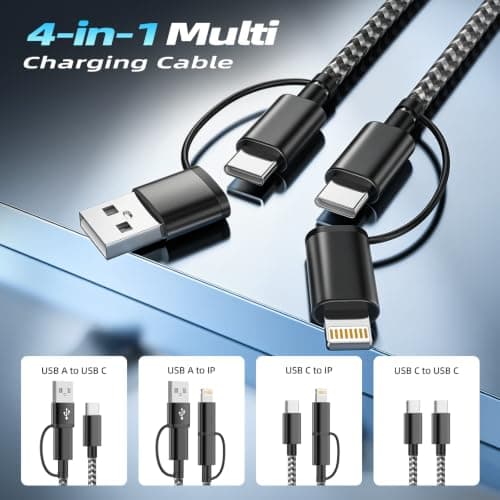 MPATIBY 60W 4 in 1 Multi Charging Cable, 2 Pack 5FT Fast Charging USB A & USB C to USB C and IP Charging Cords for Cruise Essentials, Travel, Car, Camping, Black - Thumbnail 2