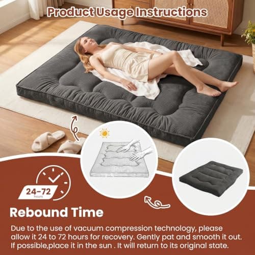 NLDD Futon Mattress Twin Size, 4" Thicken Japanese Futon Mattress Sleeping Pad, Corduroy Foldable Floor Mattress, Roll Up Tatami Mat for Adults Guest Room Bedroom, Grey - Thumbnail 3