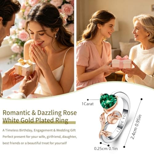 1CT Rose Heart Adjustable Ring 6.5~8 Emerald Ring Emerald VVS1 D Clarity 18K White/Rose Gold Gift for Wife Mother Daughter Birthday Wedding Engagement Christmas Anniversary Mothers Day Gift for Mom Bride - Thumbnail 3