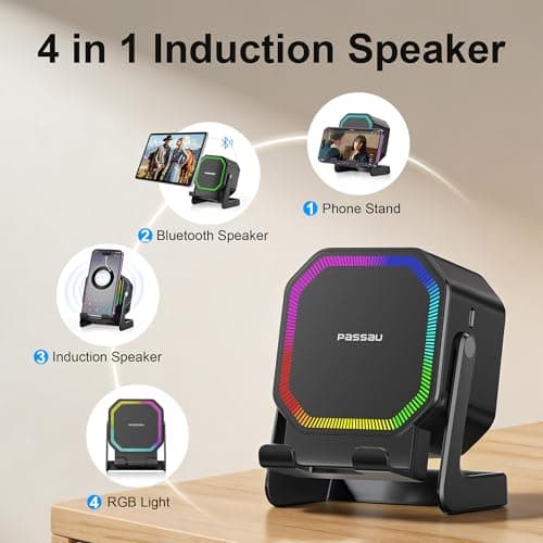 Passau Wireless Induction Speaker All-in-1 Bluetooth Speakers with Phone Stand for iPhone/Android/iPad, BT5.4, Stereo Sound, 7 RGB Lights, 12H Playtime, Cool Tech Gadgets Gifts for Men Women Teens - Thumbnail 2