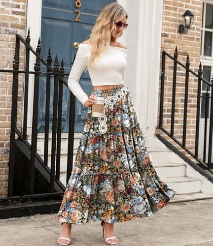 Arolina Boho Skirts for Women Trendy Floral Tiered Maxi Skirts 2026 Flowy Pleated Flared A-Line Long Skirt - Thumbnail 2