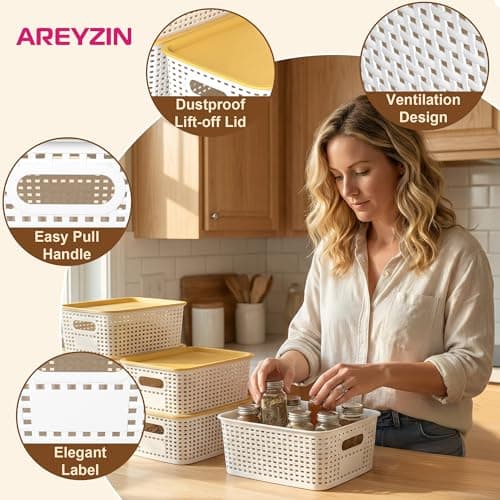 AREYZIN 6 Pack Plastic Storage Bins with Lid,Stackable Storage Bins and Storage Baskets for Shelves,Small Baskets for Organizing, Small Storage Bins,10.2x7.2x4.1 Inch, White - Thumbnail 3