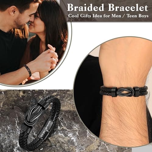 Btysun Gifts for Husband, Fathers Day Bracelet Gifts for Husband Birthday Gifts Mens Leather Bracelet Stocking Stuffers Cool Braided Leather Cuff Bracelets Thank You I Love You Gift - Thumbnail 4