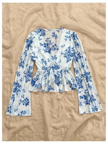 MakeMeChic Women's Floral Crop Tops V Neck Tie Front Ruffle Hem Long Sleeve Peplum Blouse Blue and White B Large - Thumbnail 3