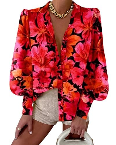 BTFBM Summer Blouses for Women Dressy Casual 2026 Long Sleeve Button Down Shirt V Neck Boho Spring Tops Fashion Clothing(Floral Red, XX-Large) - Image 1