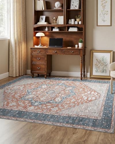 MINIDEAR 5x7 Area Rugs for Living Room, Dining Room Rugs, Washable Rug for Bedroom Non Slip Vintage Rug with Floral Print Carpet Mat for Home, Orange