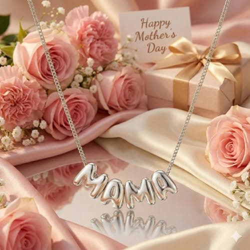 SLOONG Mothers Day Gift for Mom, Mama Necklace for Women Letter Necklace 18K White Gold Plated Dainty Mother and Daughter Matching Gift for New Mom Boyfriends Mama - Thumbnail 5