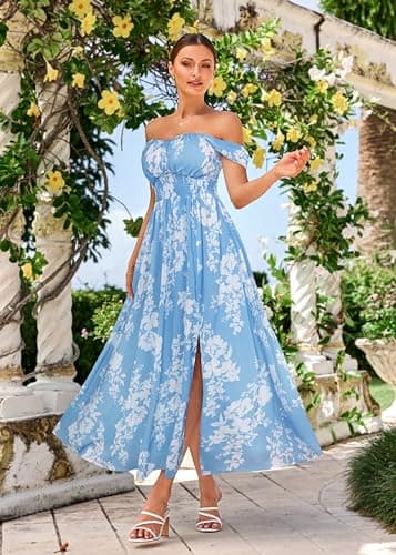 2025 Women's Summer Sleeveless Off Shoulder Floral Flowy A Line Maxi Dresses Blue White L - Thumbnail 4