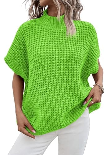 Pink Queen Short Sleeve Sweater Tops for Women Oversized Lightweight Waffle Knit Vest Top Fluorescent Green M - Image 1