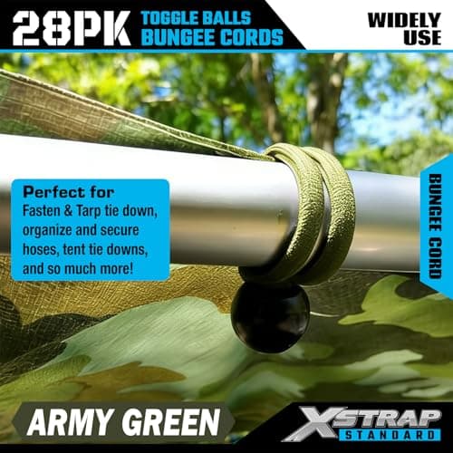XSTRAP STANDARD 28 Pack Heavy Duty 9 Inch Ball Bungee Cords, Tarp Tie Down Bungee Balls for Canopy, Tent, Cargo, Wires & Hoses in Army Green - Thumbnail 6