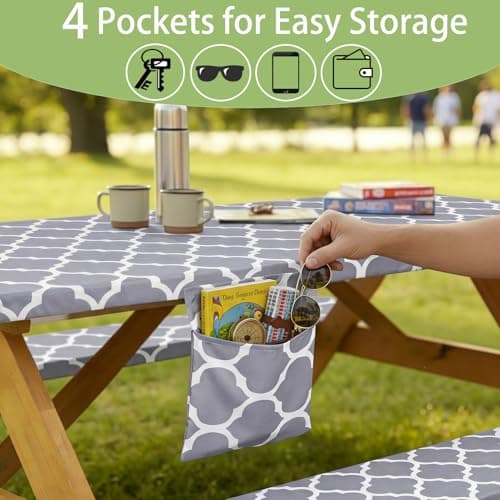 memKiya Fitted Waterproof Picnic Table Cover with Bench Covers Elastic Polyester 72In Camping Tablecloths for 6Foot Rectangle Tables Summer Fall Glamping Roadtrip Stuff Festival Vacation Items Gift - Thumbnail 5