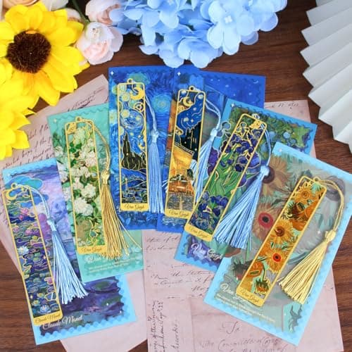 Kinsound Metal Bookmarks with Tassel, Golden Van Gogh Monet Oil Painting Theme Cute Hollow Book Markers for Reading Women, Teachers, Students, Reading Accessories Gifts for Book Lovers (Style A(6PCS)) - Thumbnail 3