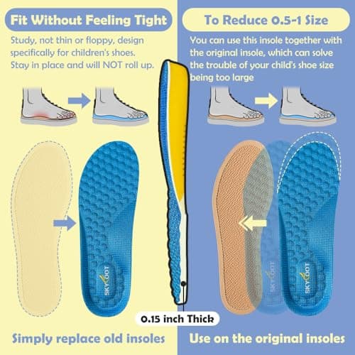 Skyfoot Shoe Insoles for Kids Worn Down Inserts Replacement, Comfy, Breathable, Cut to Fit Sturdy Shoe Soles for Child Sneakers (Blue - 2 Pairs, Little Kids: 13-3) - Thumbnail 4