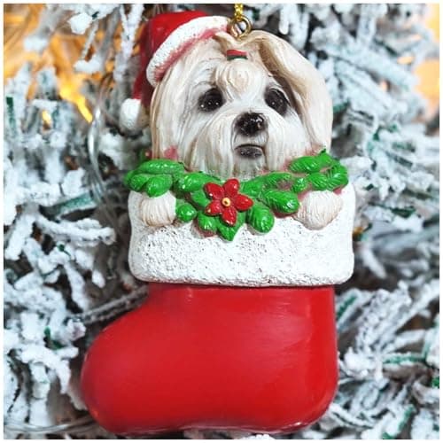 Maltese Dog Christmas Ornament – Cute White Dog in Stocking with Gold Hanging String, Resin Pet Figurine for Christmas Tree Decorations, 2025 Animal Ornaments